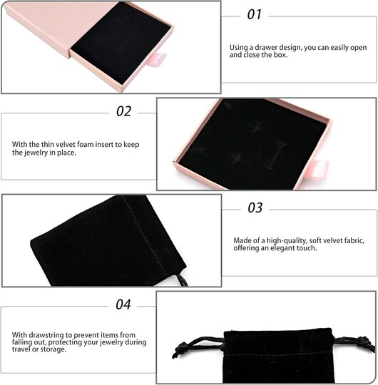 Small Pink Jewelry Gift Box with Velvet Bag – Square Cardboard Organizer for Necklaces, Bracelets, Earrings & Pendants – Birthday & Christmas Gift Packaging (Pink)